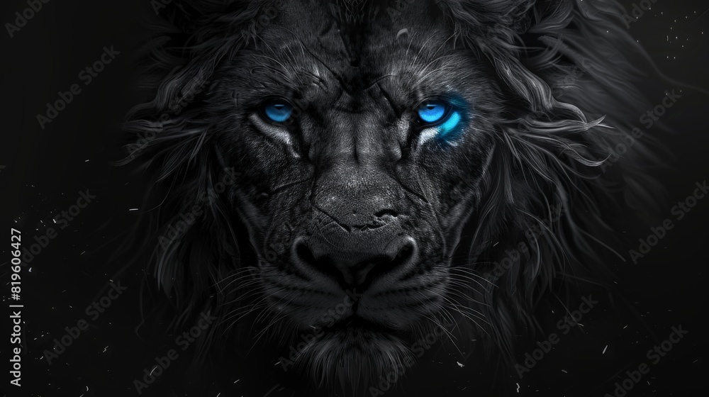 A 2D grayscale illustration of a fierce lion with glowing blue eyes on a black background 