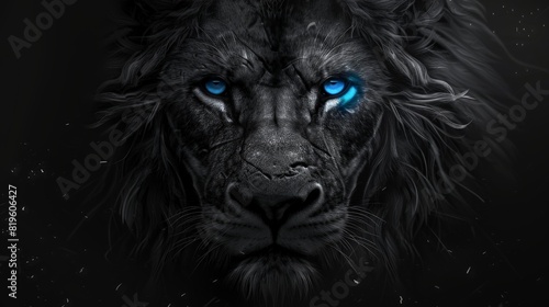 A 2D grayscale illustration of a fierce lion with glowing blue eyes on a black background 