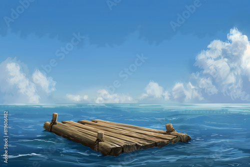 An illustration of a raft made out of wooden planks isolated in the vast expanse of the ocean