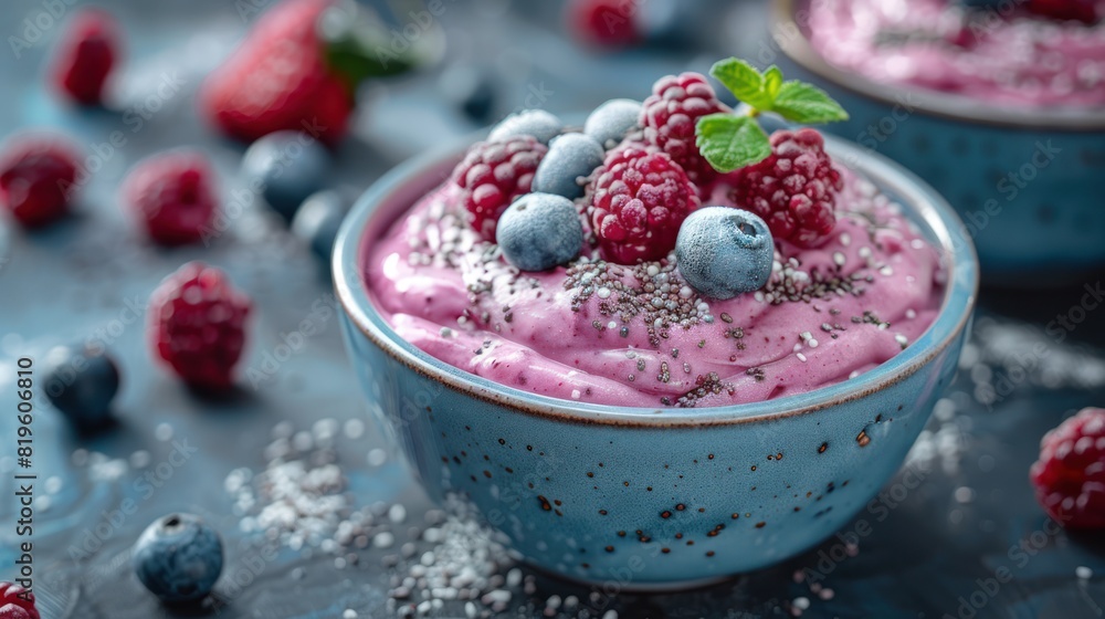 Berry Smoothie Bowl with Chia Seeds - A vibrant berry smoothie bowl topped with fresh raspberries, blueberries, and chia seeds, perfect for a healthy breakfast or snack. Berry Smoothie Bowl with Chia Seeds - A vibrant berry smoothie bowl topped with fresh raspberries, blueberries, and chia seeds, perfect for a healthy breakfast or snack.
