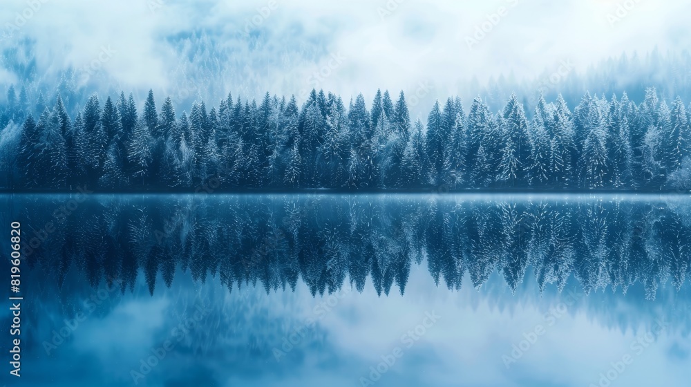 Fototapeta premium beautiful abstract nature background of lake surface reflecting spruce forest textures and blue sky