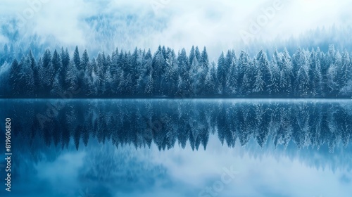 beautiful abstract nature background of lake surface reflecting spruce forest textures and blue sky