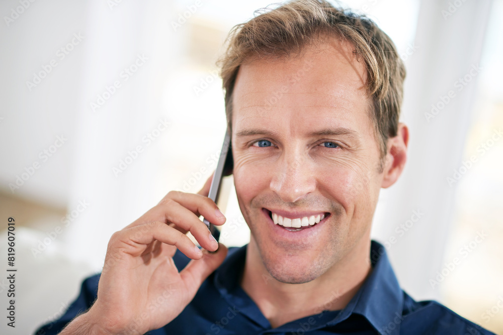Portrait, happy businessman or phone call in house talking or speaking for communication or chat. Smile, news and proud entrepreneur on mobile in conversation to relax in remote work or home on break Portrait, happy businessman or phone call in house talking or speaking for communication or chat. Smile, news and proud entrepreneur on mobile in conversation to relax in remote work or home on break