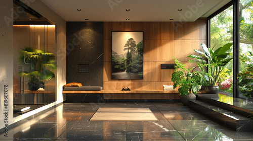 Modernized foyer equipped with smart control center, sleek shoe cabinet, digital art. photo