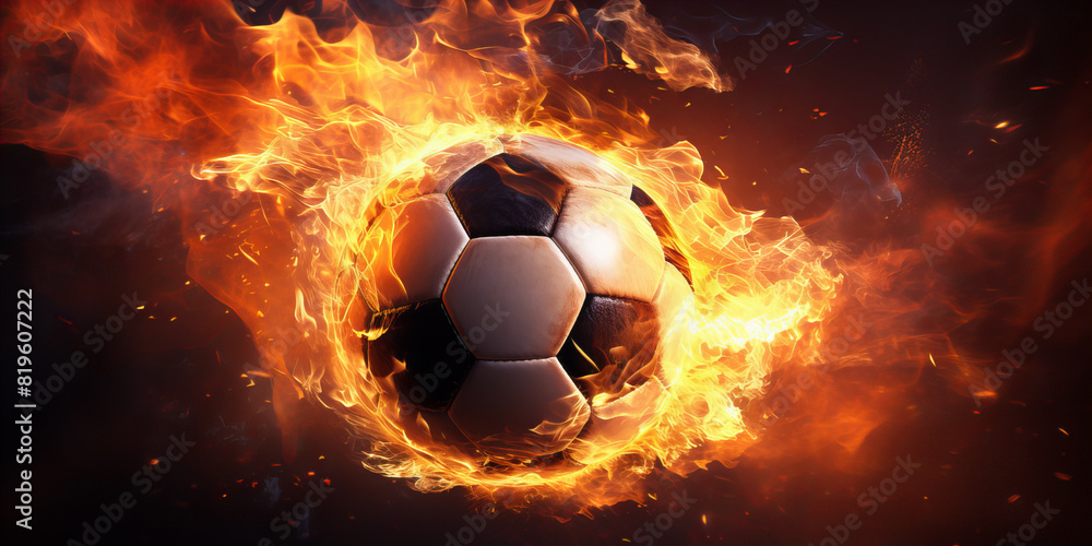 Fototapeta premium A close up of the soccer ball in the flame of fire .