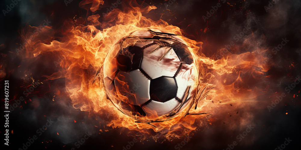 Fototapeta premium A close up of the soccer ball in the flame of fire .
