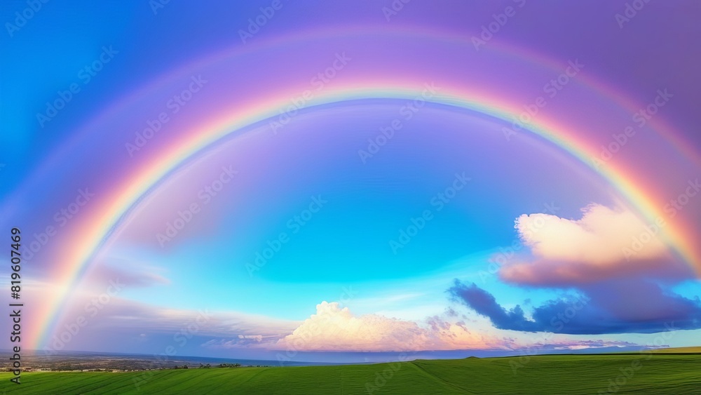 The bright rainbow on the beautiful blue sky and pink purple cloudscape background. Clouds vertical shot copy space The bright rainbow on the beautiful blue sky and pink purple cloudscape background. Clouds vertical shot copy space