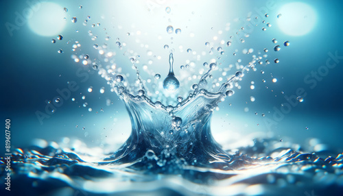 A vibrant crown-shaped water splash with droplets suspended in air, set against a blue background, depicting the concept of purity. Generative AI