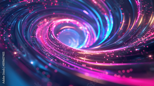 colorful neon lines in dark background, Vibrant neon pink and blue light swirls with glowing particles on a dark backdrop, suitable for a background for tech, music, or other dynamic