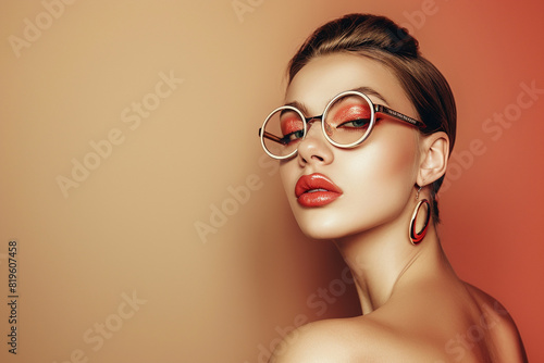Fashion portrait of a stylish woman with designer logo eyeglasses, showcasing high-end fashion and luxury against a solid champagne background