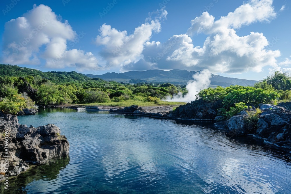 Fototapeta premium Misty Lake with Steaming Rocks