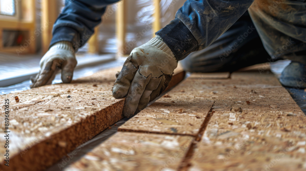 A builder installing innovative, eco-friendly cork insulation in a renovation project, highlighting A builder installing innovative, eco-friendly cork insulation in a renovation project, highlighting