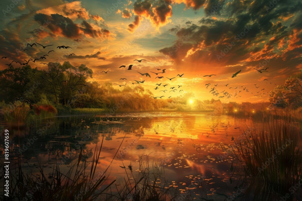 Obraz premium Sunset Over Tranquil Lake with Birds