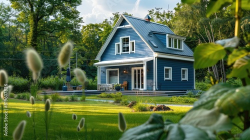 classic two-storey house with flower garden at sunny summer day,facade of a cape cod style home with a contrasting colored side gable roof, created , beautiful house with garden and lawn at sunset