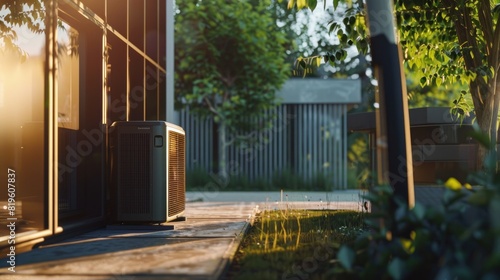 AC compressor installed outside the house, healthy living concept photo