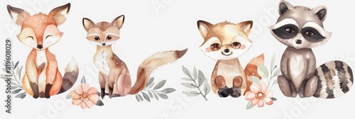 Watercolor set of forest cartoon isolated cute baby fox, deer, raccoon and owl animal with flowers. Nursery woodland illustration. Bohemian boho drawing for nursery poster, pattern