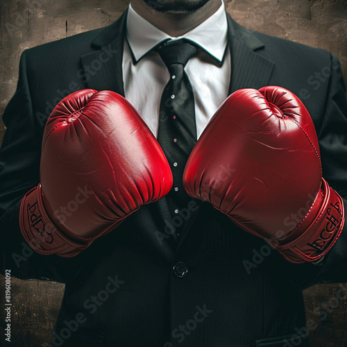 A man in a suit and tie is putting on a pair of red boxing gloves.
