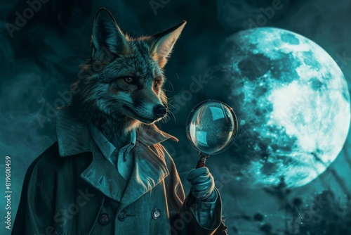 A human with the head of a sly fox, wearing a detective’s trench coat, is stealthily gathering clues at a moonlit crime scene, with a magnifying glass in hand