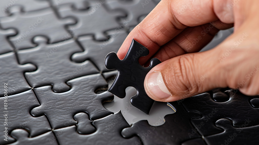 A hand completing a black jigsaw puzzle, symbolizing solution and completion. A hand completing a black jigsaw puzzle, symbolizing solution and completion.