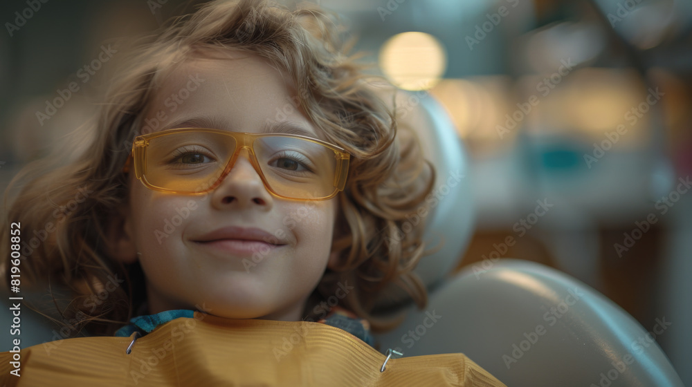 A child sitting in a modern dental chair, wearing cool, child-sized protective glasses A child sitting in a modern dental chair, wearing cool, child-sized protective glasses