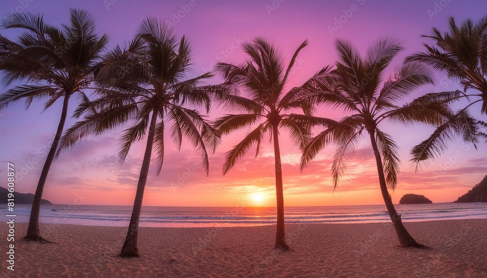 Calm ocean and vibrant sky with palm tree silhouettes, perfect for a relaxing getaway