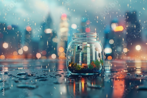Buildings in a glass jar, the concept of protection against pollution. Safe from rain