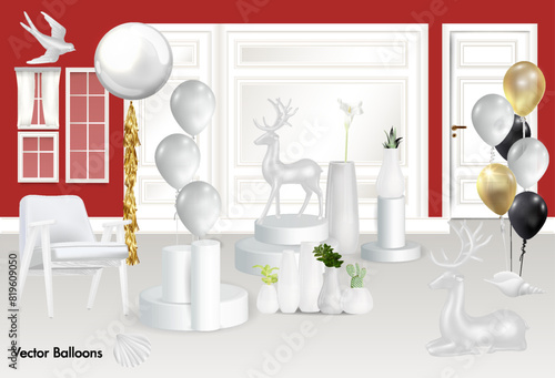 Set of white realistic 3d cylinder pedestal podium in square, nonagon and circle window on clean wall. Abstract studio room. Minimal scene for products stage for showcase, Promotion mockup display.