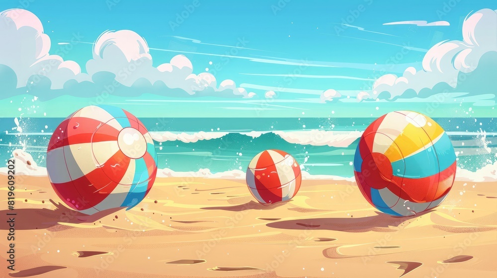 three colorful beach balls sitting on the sand with the ocean in the background