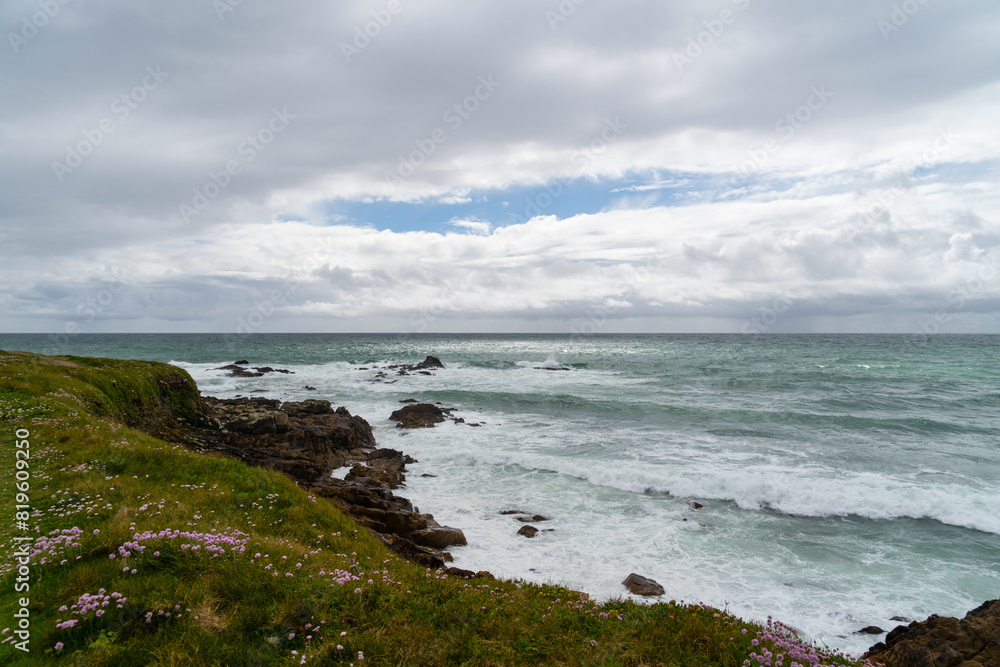 Le printemps sur la côte atlantique du Finistère offre une scène vibrante : des arméries maritimes en fleurs, des vagues déferlantes et de l'écume blanche.