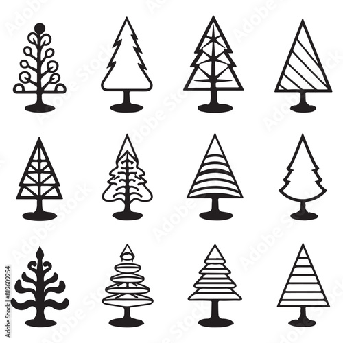 Simple christmas pine tree icons set, black vector illustration on white background