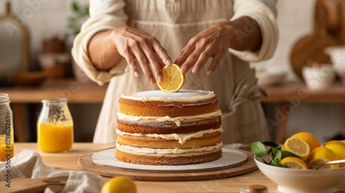 A Baker Garnishing Lemon Cake