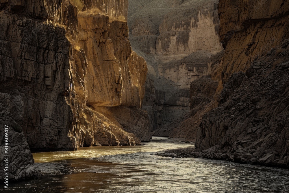 A river runs through a canyon with a rocky shoreline