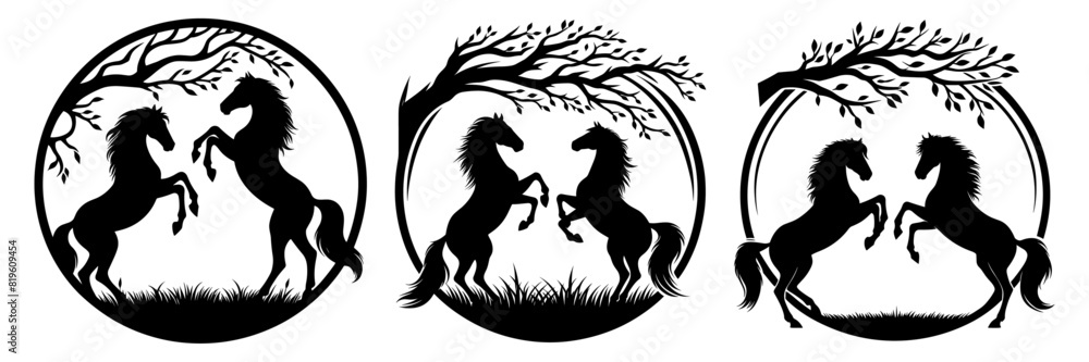 Vector silhouette of horse Set on white background.
. Framed within a circular shape, with a tree branch. Vector silhouette of horse Set on white background.
. Framed within a circular shape, with a tree branch.