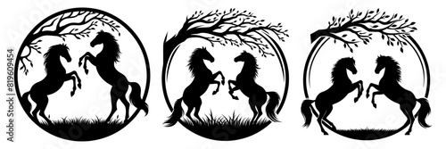 Vector silhouette of horse Set on white background.
. Framed within a circular shape, with a tree branch.