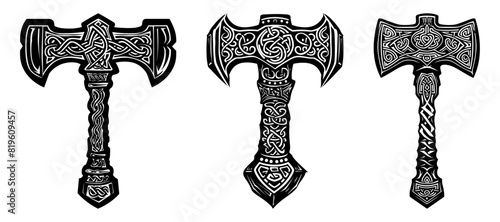 A black and white Mjolnir Celtic cross Set doodle style