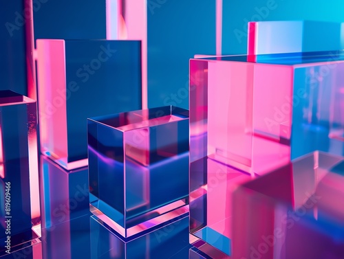 Create a mesmerizing visual using digital techniques to showcase translucent rectangular blocks with prismatic edges in a close-up shot Make them appear weightless against a deep blue backdrop, reflec photo