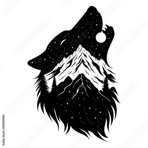 moon clipart, wolf howling at the moon black and white vector illustration