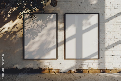 2 vertical advertising blank mockups on patterned wall. Indoors OOH out of home template. Two poster frames with lighting and shadows, with clipping path 