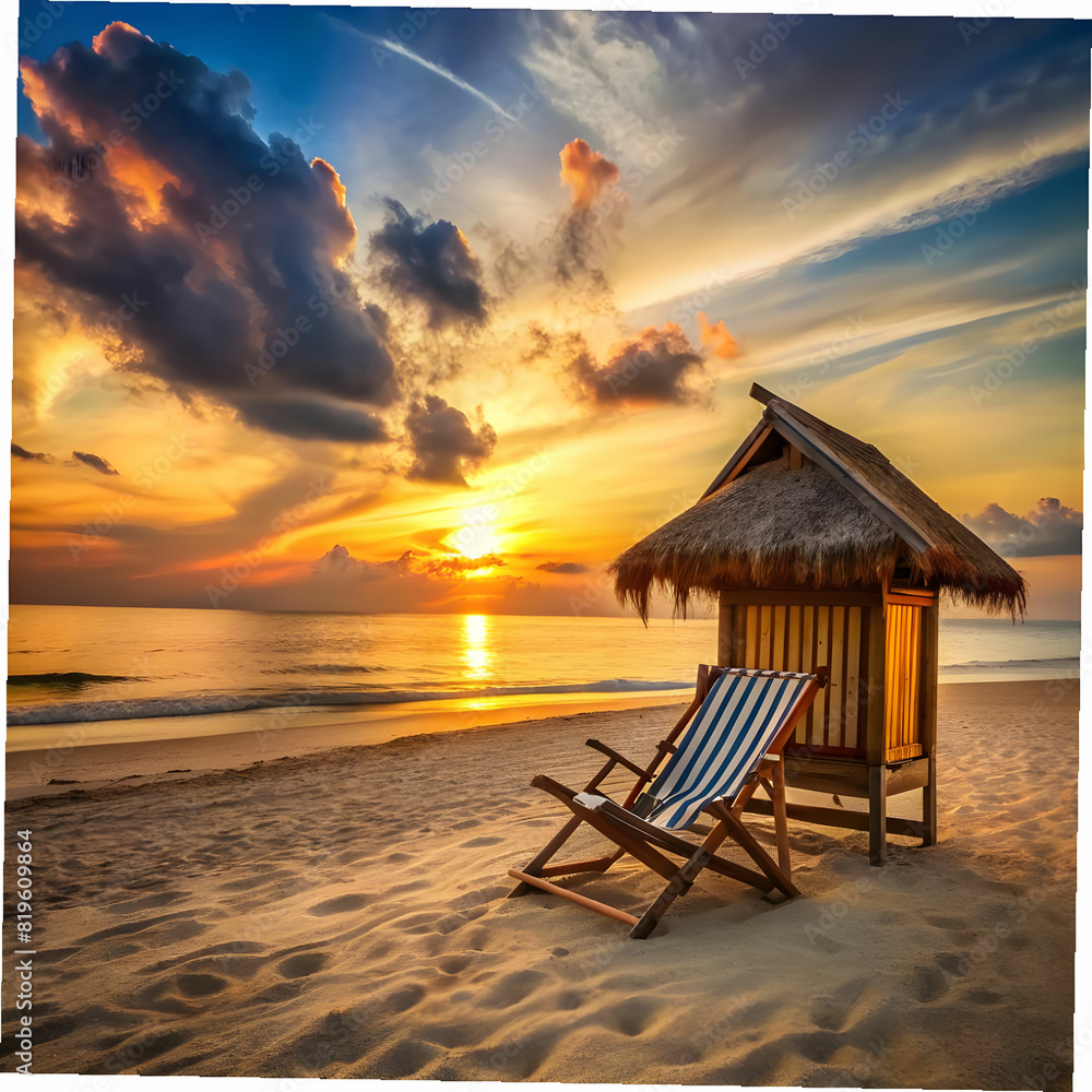 beach chair and hut on seashore during sunset