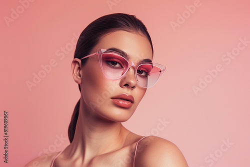 Fashion portrait of a stylish woman with transparent gradient eyeglasses, highlighting a fresh and innovative design against a solid light pink background