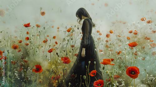 Woman in Black Dress Walking Through Poppy Field