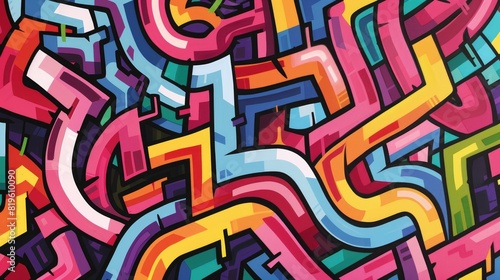 abstract maze. colorful, optimistic, bold brutalist futuristic trippy contrasting color pallette graffiti influenced style