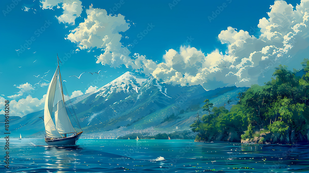 Sailing boat on a serene lake with mountains in the background