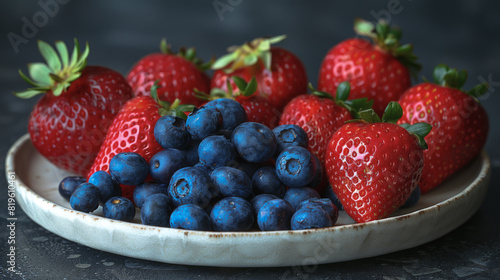 glossy blueberries on a white porcelain plate  the contrast emphasizing the succulence of summer fruits  inviting 