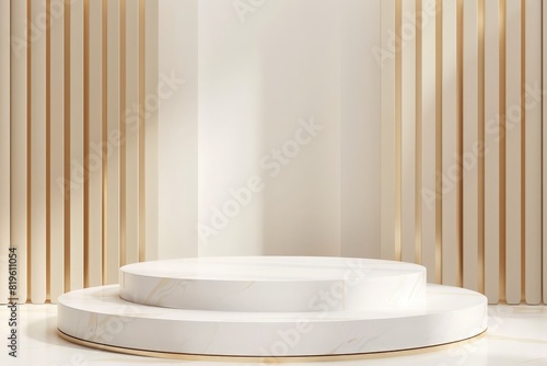 Luxury white 3D cylinder podium realistic or pedestal stage for product display presentation and gold vertical shape wall. Minimal scene for mockup. 3d stage for show best product