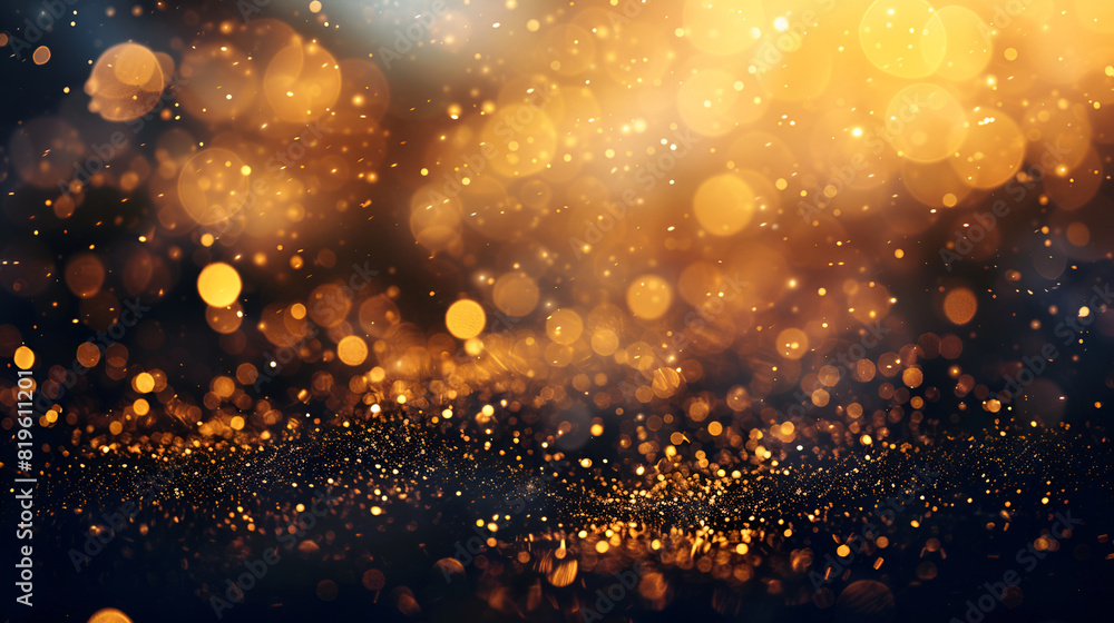 glitter vintage lights background, Golden particles and sprinkles add festive flair, Golden blurred bokeh lights on black background, Glitter sparkle stars for celebrate