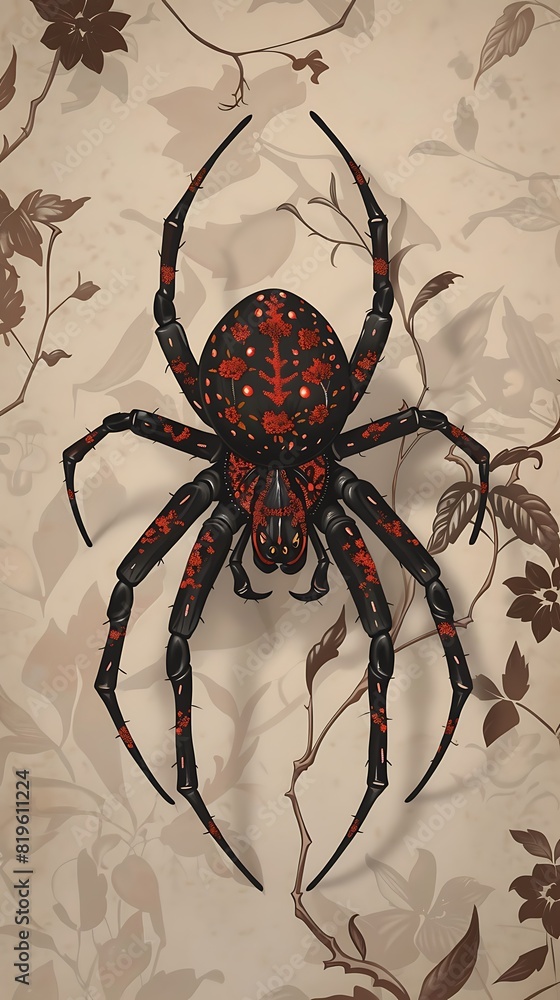 A spider with intricate red and black designs on its leg A spider with intricate red and black designs on its leg
