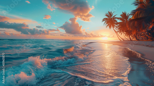 Vibrant tropical beach wallpaper with palm trees  white sand  turquoise water  and a setting sun casting a warm glow  evoking relaxation and tranquility. 