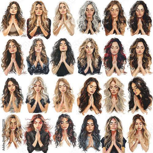 Female Character With Closed Eyes And Folded Hands, long-haired woman expresses Respect Through Inner Prayer