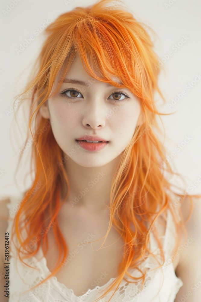 オレンジの髪色のファッショナブルな日本人女性(ヘアモデル・ヘアカタログ・美容室) オレンジの髪色のファッショナブルな日本人女性(ヘアモデル・ヘアカタログ・美容室)